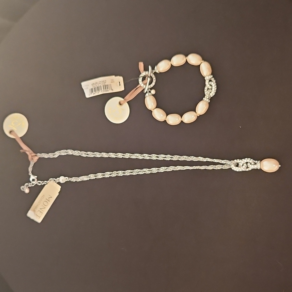 Monet 75 Anniversary Faux pearl and silver,Rhinestone necklace and bracelet set.